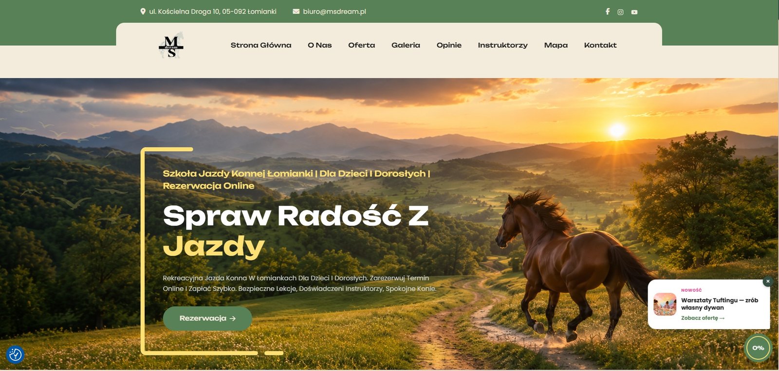 Przykład strony internetowej - szkoła jazdy konnej z systemem rezerwacji online